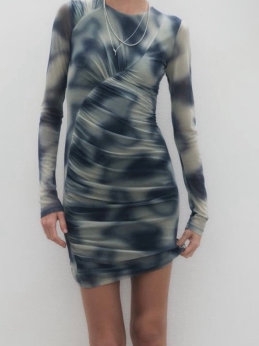 Long Sleeve Ruched Bodycon Dress in Olive/Ecru/Blue/Green